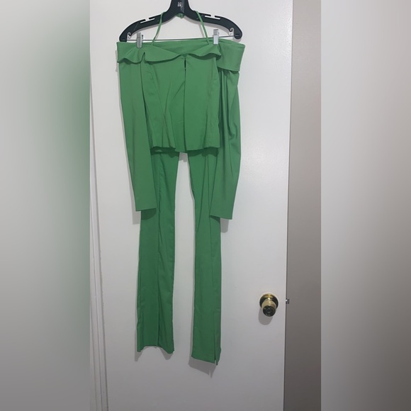 ZARA Green Apple Off Shoulder Blazer High Waist Front Slit Pants Matching SET XS - Picture 7 of 8